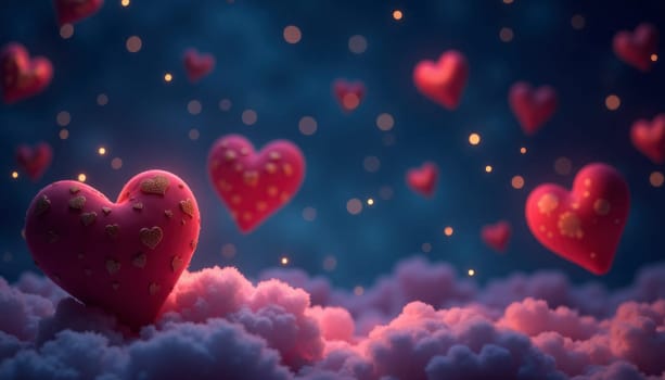A collection of red hearts floating in the sky. Concept of love and warmth, as the hearts are scattered throughout the sky, creating a dreamy and romantic atmosphere
