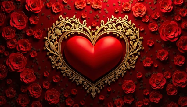 A red and gold background with a large number of red hearts and green roses scattered throughout. Scene is one of love and romance