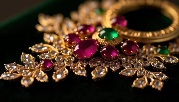 A gold and green gemstone necklace with red stones. The necklace is very shiny and has a lot of detail