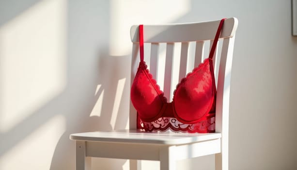 A red bra is sitting on a white chair. The bra is made of lace and is very large. The chair is empty and the room is very bright