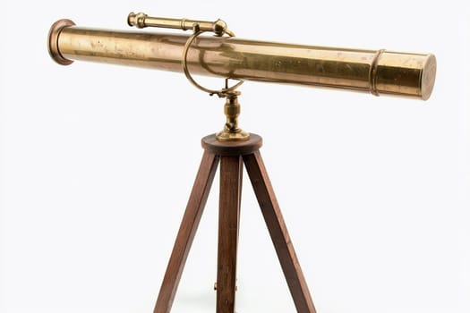 Brass telescope positioned on a stable wooden tripod designed for stargazing and exploration.