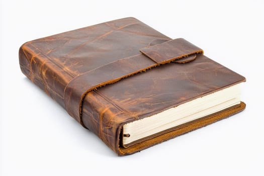 A leather journal with a textured cover and strap rests on a flat surface.