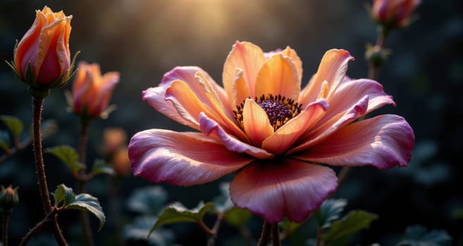 A beautiful orange flower with a yellow center. The flower is surrounded by green leaves and is the main focus of the image
