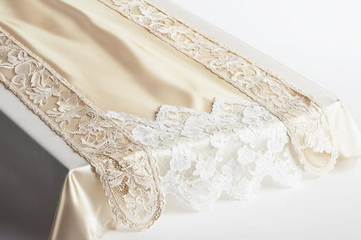 A beautifully crafted lace table runner adds a touch of elegance and sophistication to the room.