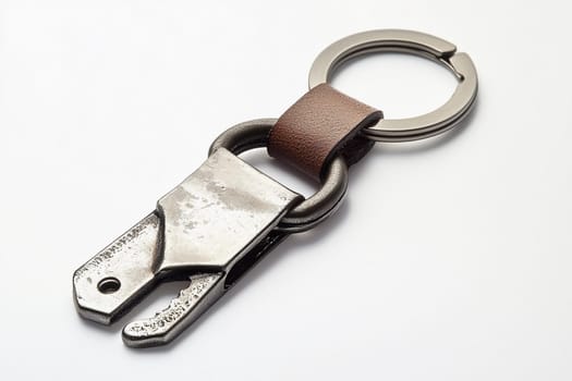 Keychain tool featuring a metal clip and leather strap, ideal for organizing keys.