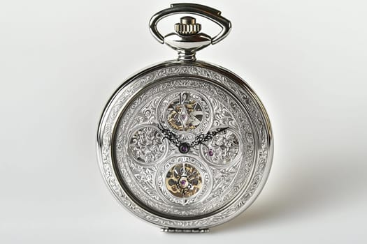 A stunning pocket watch showcases intricate gears and engravings, reflecting classic craftsmanship.