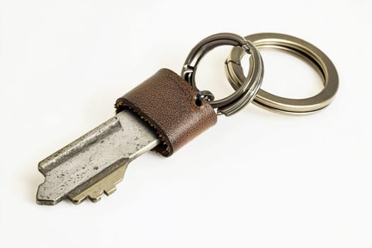 A vintage key on a metal ring, secured by a brown leather strap on a white surface.