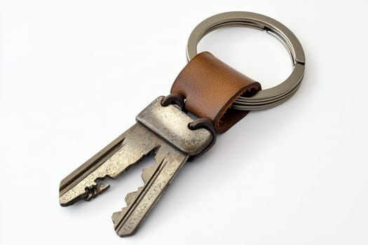 A sleek key in a leather holder sits on a minimalist background, showcasing modern design.