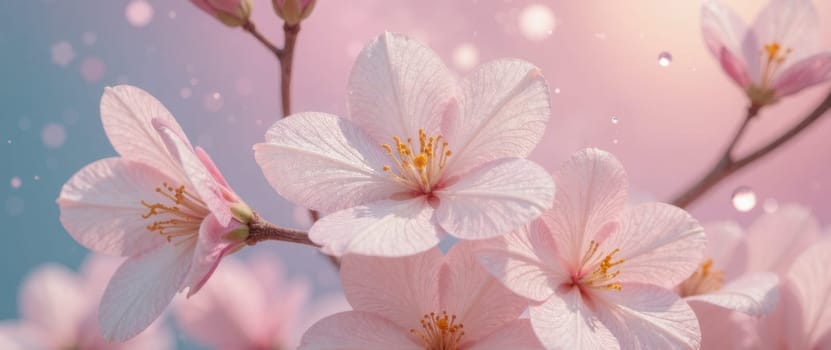 A close up of a pink flower with a blue background. The flower is surrounded by water droplets, giving it a dreamy and ethereal appearance