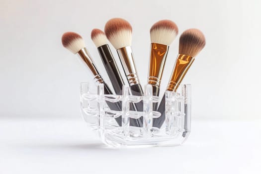 Five stylish makeup brushes are neatly displayed in a transparent acrylic holder.