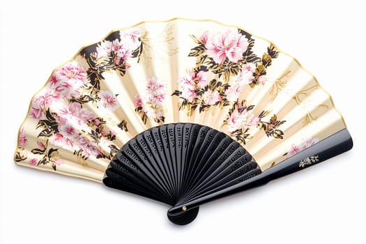 Intricately designed hand fan features floral patterns in soft colors against a light backdrop.