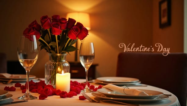 A table with a candle and two wine glasses, and a sign that says Valentine's Day. Scene is romantic and intimate