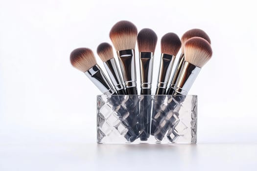 A collection of makeup brushes is neatly displayed in a transparent holder against a white backdrop.