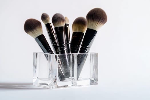 Various makeup brushes stand upright in a clear holder against a simple white backdrop.