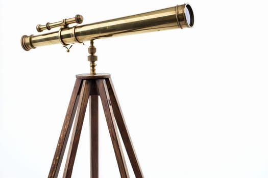 A detailed brass telescope on a sturdy wooden tripod, perfect for evening exploration.