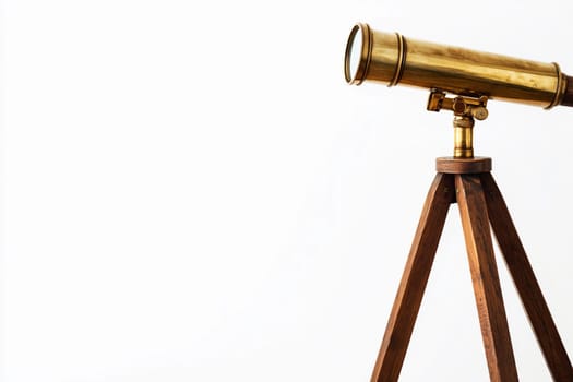 Brass telescope stands on a wooden tripod, enhancing the decor of a stylish interior space.