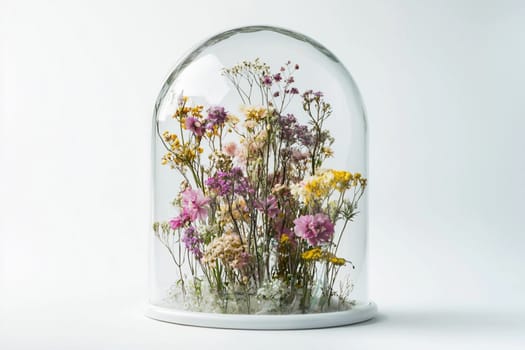 Dried flowers in a glass dome beautifully enhance home decor.