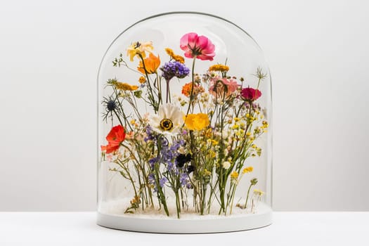A beautiful arrangement of dried flowers is showcased under a glass dome, enhancing interior decor.