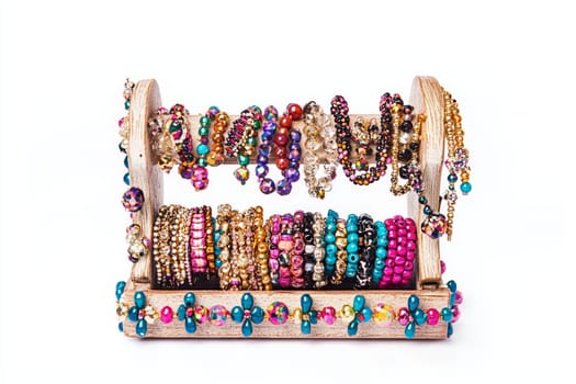 Decorative bracelets in vibrant colors and unique designs are neatly displayed on a wooden stand.