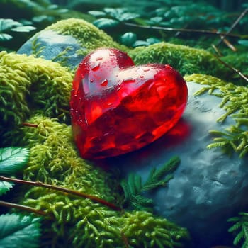 Bright red heart on lush moss in a mystical forest landscape. A symbol of love, closeness to nature and romance in a magical atmosphere.
