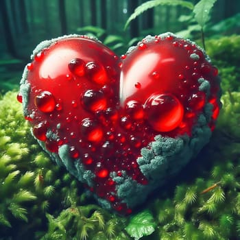 Bright red heart on lush moss in a mystical forest landscape. A symbol of love, closeness to nature and romance in a magical atmosphere.