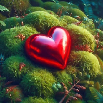 Bright red heart on lush moss in a mystical forest landscape. A symbol of love, closeness to nature and romance in a magical atmosphere.