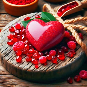 Shiny red heart on a rustic wooden table, romantic declaration of love for Valentine's Day. Surrounded by spices in the kitchen. Romantic and warm atmosphere with vintage charm.