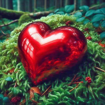 Bright red heart on lush moss in a mystical forest landscape. A symbol of love, closeness to nature and romance in a magical atmosphere.