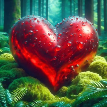 Bright red heart on lush moss in a mystical forest landscape. A symbol of love, closeness to nature and romance in a magical atmosphere.