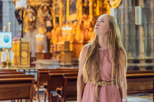 Female tourist exploring the Metropolitan Cathedral in Mexico City. Woman admiring the architecture and history of Mexico's iconic landmark. Concept of cultural heritage, religious tourism, and travel discovery.