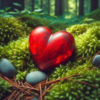 Bright red heart on lush moss in a mystical forest landscape. A symbol of love, closeness to nature and romance in a magical atmosphere.
