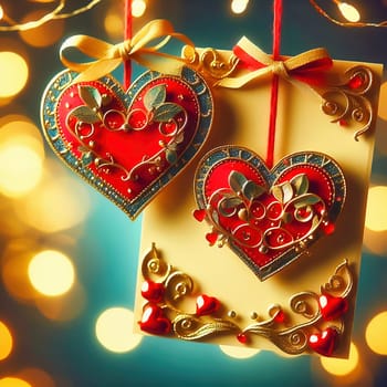 Romantic Valentine's Day card with two hearts, golden embellishments and twinkling lights. Perfect for love, weddings, anniversaries or special occasions.