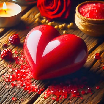 Shiny red heart on a rustic wooden table, romantic declaration of love for Valentine's Day. Surrounded by spices in the kitchen. Romantic and warm atmosphere with vintage charm.