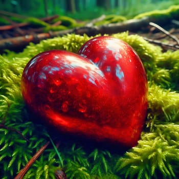 Bright red heart on lush moss in a mystical forest landscape. A symbol of love, closeness to nature and romance in a magical atmosphere.