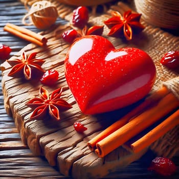 Shiny red heart on a rustic wooden table, romantic declaration of love for Valentine's Day. Surrounded by spices in the kitchen. Romantic and warm atmosphere with vintage charm.