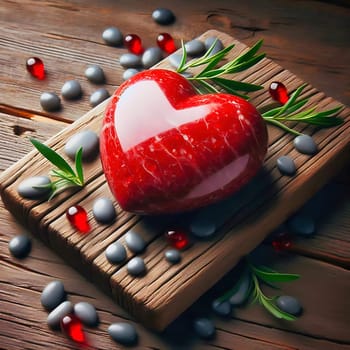 Shiny red heart on a rustic wooden table, romantic declaration of love for Valentine's Day. Surrounded by spices in the kitchen. Romantic and warm atmosphere with vintage charm.