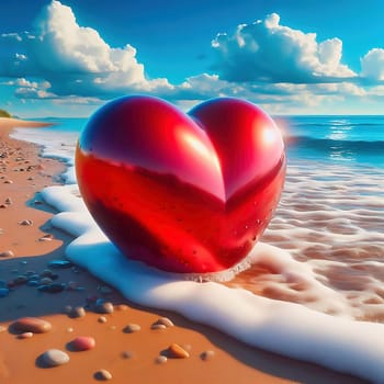 Shining red heart on the beach, lapped by gentle ocean waves in the sunshine. Romantic, dreamlike backdrop full of love and longing.
