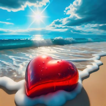Shining red heart on the beach, lapped by gentle ocean waves in the sunshine. Romantic, dreamlike backdrop full of love and longing.