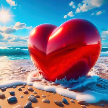Shining red heart on the beach, lapped by gentle ocean waves in the sunshine. Romantic, dreamlike backdrop full of love and longing.