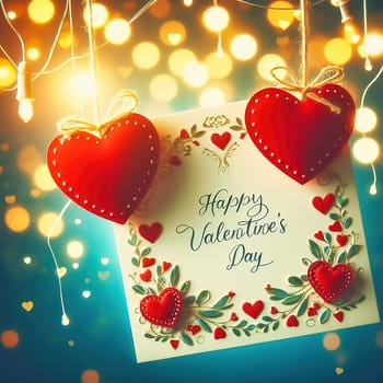 Romantic Valentine's Day card with two hearts, golden embellishments and twinkling lights. Perfect for love, weddings, anniversaries or special occasions.