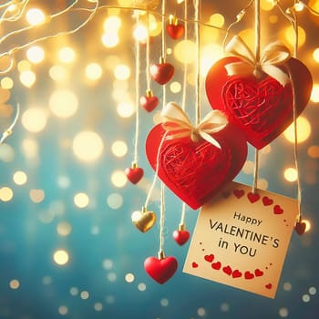 Romantic Valentine's Day card with two hearts, golden embellishments and twinkling lights. Perfect for love, weddings, anniversaries or special occasions.