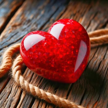 Shiny red heart on a rustic wooden table, romantic declaration of love for Valentine's Day. Romantic and warm atmosphere with vintage charm.