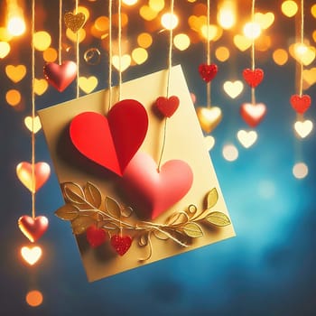 Romantic Valentine's Day card with two hearts, golden embellishments and twinkling lights. Perfect for love, weddings, anniversaries or special occasions.