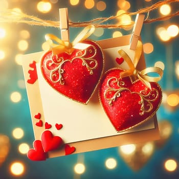 Romantic Valentine's Day card with two hearts, golden embellishments and twinkling lights. Perfect for love, weddings, anniversaries or special occasions.