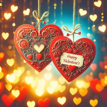 Romantic Valentine's Day card with two hearts, golden embellishments and twinkling lights. Perfect for love, weddings, anniversaries or special occasions.