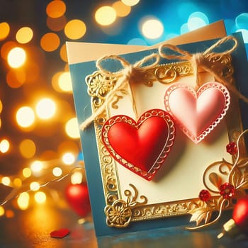 Romantic Valentine's Day card with two hearts, golden embellishments and twinkling lights. Perfect for love, weddings, anniversaries or special occasions.