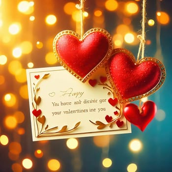 Romantic Valentine's Day card with two hearts, golden embellishments and twinkling lights. Perfect for love, weddings, anniversaries or special occasions.