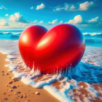 Shining red heart on the beach, lapped by gentle ocean waves in the sunshine. Romantic, dreamlike backdrop full of love and longing.