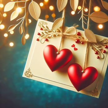 Romantic Valentine's Day card with two hearts, golden embellishments and twinkling lights. Perfect for love, weddings, anniversaries or special occasions.