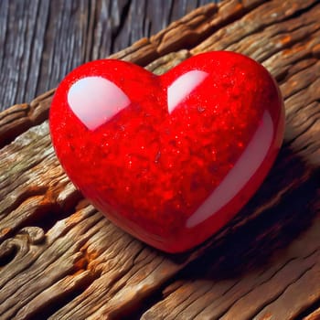 Shiny red heart on a rustic wooden table, romantic declaration of love for Valentine's Day. Romantic and warm atmosphere with vintage charm.